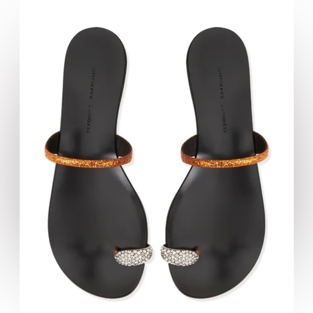 Giuseppe Zanotti  Orange Glitter Leather stone embellished Toe Ring Sandals 38.5